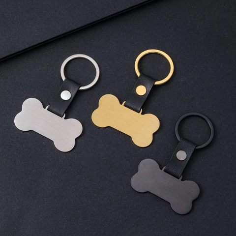 Llavero de Cuero y Metal con Forma de Hueso En Blanco Grabable con Láser Etiqueta de Identificación de Mascota Oro Plata Negro