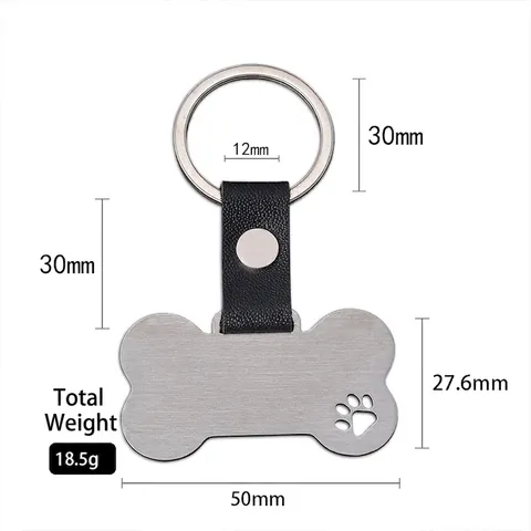 Bone Shape Metal Leather Keychain Hollow Paw Print Brushed Surface Pet ID Tag Laser Engraving Key Ring Accessory
