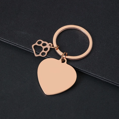 Llavero de Acero Inoxidable Placa de Corazón y Pata de Perro Grabable Pulido Espejo Llavero de Metal para Regalo DIY