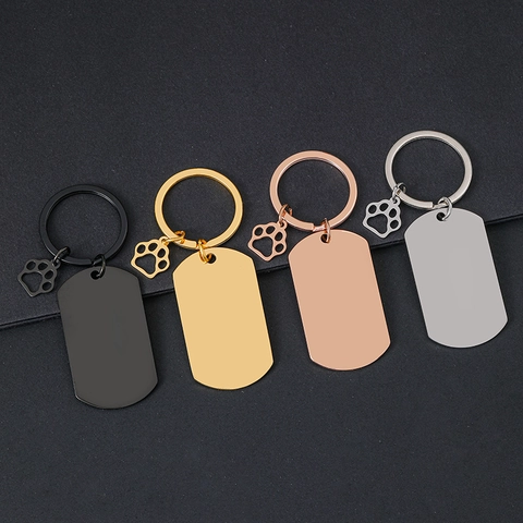 Polished Stainless Steel Keychain With Paw Print Charm Blank Metal Dog Tag For Engraving Rectangular Heart Round Shapes