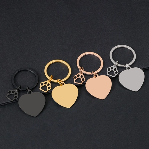 Llavero de Acero Inoxidable Placa de Corazón y Pata de Perro Grabable Pulido Espejo Llavero de Metal para Regalo DIY