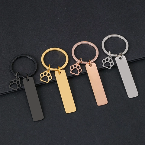 Stainless Steel Keychain With Hollow Pet Paw Pendant Blank Bar Round Heart Military Tag Metal Key Ring Jewelry Gift