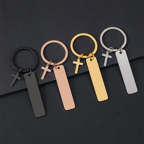Llavero de Acero Inoxidable Con Colgante de Cruz y Placa de Identidad En Blanco Grabable Anillo de Metal Para Hombre Mujer Estilo Minimalista DIY