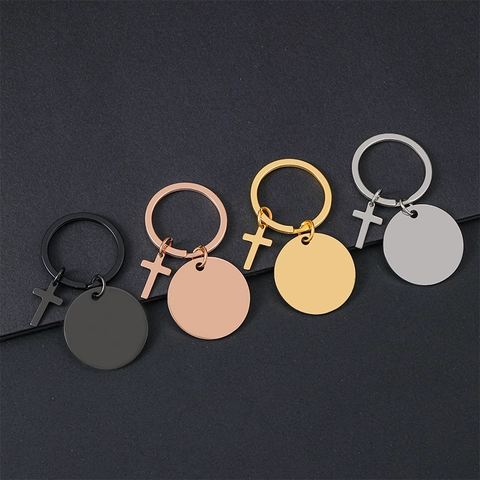 Llavero de Cruz de Acero Inoxidable Colgante Geométrico Redondo Corazón Blanco Anillo de Llave Etiqueta de Metal Grabable Regalo Religioso para Unisex