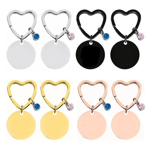 Stainless Steel Heart Clasp Keychain With Round Blank Tag Rhinestone Charm DIY Metal Keyring For Men Women Festival Gift