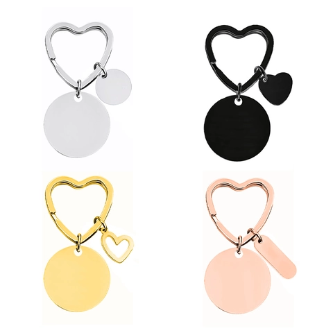 Llavero de Acero Inoxidable con Forma de Corazón y Charm Redondo en Blanco Grabado DIY Accesorios de Llavero de Metal Personalizados