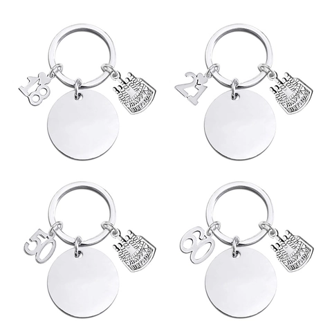 Stainless Steel Birthday Keychain With Cake And Number Pendant Blank Round Tag For Anniversary Gift Polished Metal Keyring