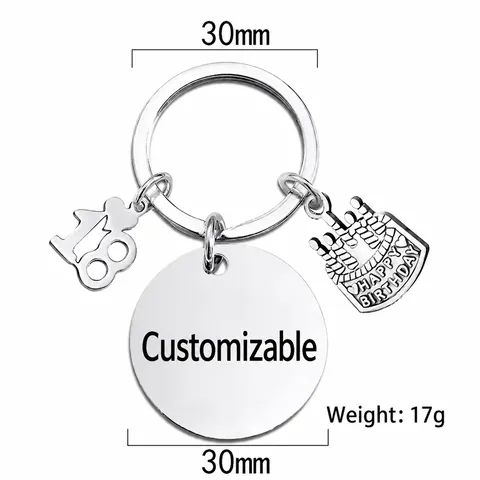 Stainless Steel Birthday Keychain With Cake And Number Pendant Blank Round Tag For Anniversary Gift Polished Metal Keyring