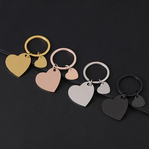 Llavero de Doble Corazón de Acero Inoxidable Pulido en Blanco Grabado DIY Corazón Grande Pequeño Moda Llavero para Mujeres Hombres Regalo Joyería
