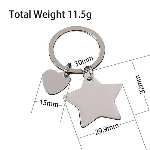Stainless Steel Star Heart Keychain Set Polished Metal Key Ring Pendant For Car Key Bag DIY Blank Laser Engraving Gift