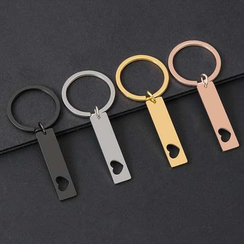 Polished Stainless Steel Rectangle Bar Keychain With Heart Hollow Design Metal Heart Key Ring Blank Material For DIY Gift