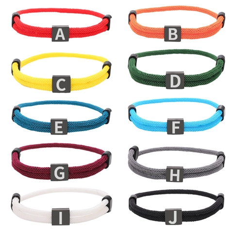 Adjustable Braided Rope Bracelet Stainless Steel Square Letter A-Z Charm For Men Women Unisex Casual Fashion Jewelry Gift