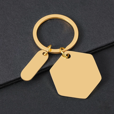 Polished Stainless Steel Hexagon Oval Metal Keychain Blank Geometric Pendant Fashion Bag Key Ring Holder For Daily Women Men Gift