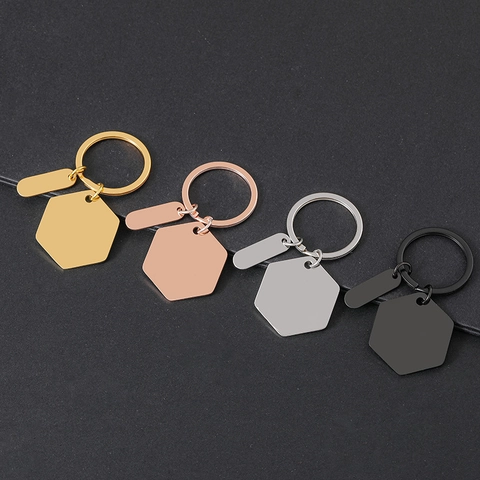 Polished Stainless Steel Hexagon Oval Metal Keychain Blank Geometric Pendant Fashion Bag Key Ring Holder For Daily Women Men Gift