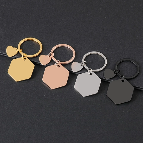 Porte-Clés Minimaliste en Acier Inoxydable avec Charme Hexagone et Cœur Anneau de Clé en Métal Poli pour Femme Homme Cadeau