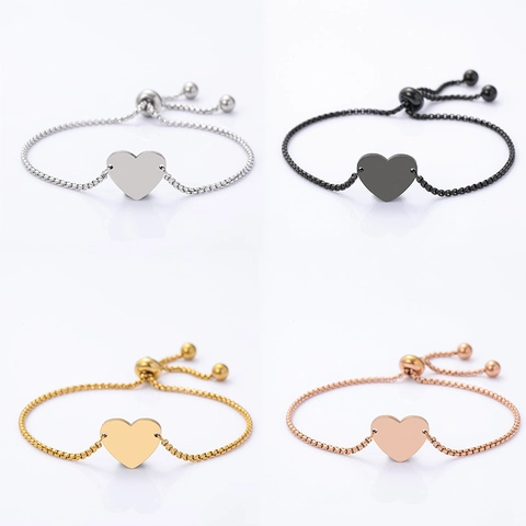 Adjustable Stainless Steel Heart Pendant Box Chain Bolo Bracelet For Women Minimalist Geometric Jewelry Daily Gift