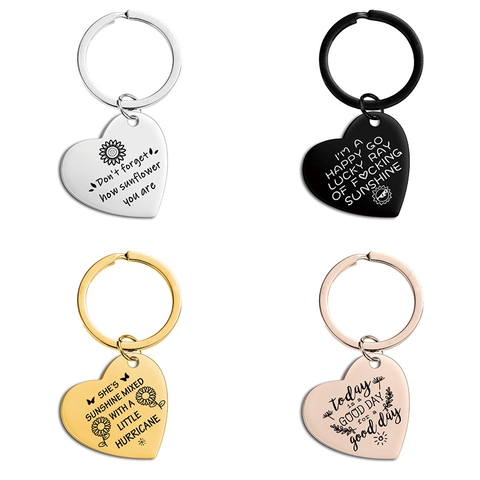 Stainless Steel Heart Inspirational Quote Keychain Engraved Sunflower Butterfly Pendant Motivational Gift For Women