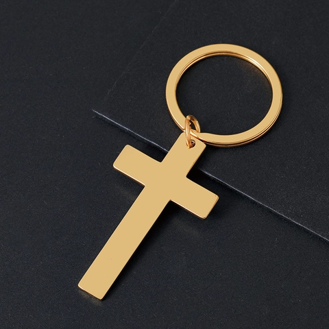 Minimalist Stainless Steel Cross Pendant Keychain Polished Metal Latin Cross Key Ring For Men Women Religious Gift
