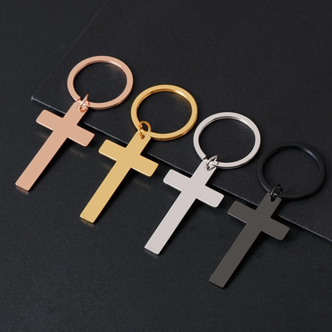 Minimalist Stainless Steel Cross Pendant Keychain Polished Metal Latin Cross Key Ring For Men Women Religious Gift