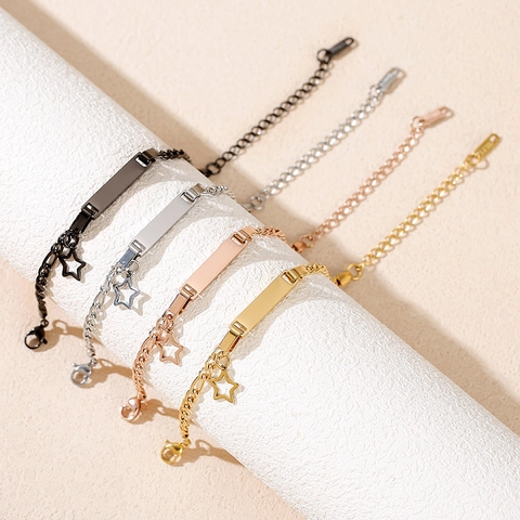 Stainless Steel Star Charm Bracelet With Blank Rectangular Bar Figaro Link Chain Adjustable Jewelry For Kids Boys Girls