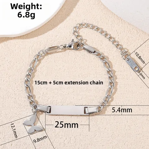 Stainless Steel Butterfly ID Bar Bracelet For Children Adjustable Figaro Chain Polished Plain Plate Kids Jewelry Gift