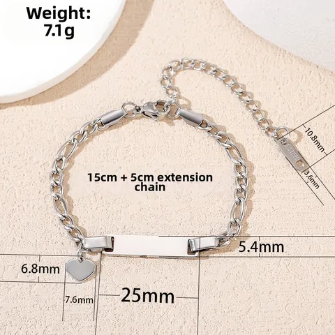 Adjustable Stainless Steel Engravable ID Bar Bracelet With Heart Pendant Figaro Chain For Kids Girls Fashion Jewelry