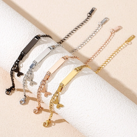Stainless Steel Butterfly ID Bar Bracelet For Children Adjustable Figaro Chain Polished Plain Plate Kids Jewelry Gift