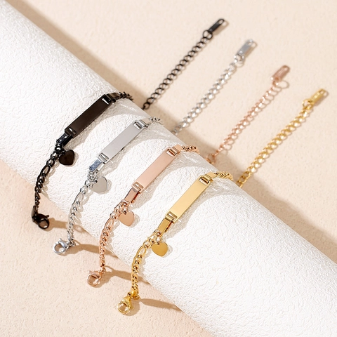 Adjustable Stainless Steel Engravable ID Bar Bracelet With Heart Pendant Figaro Chain For Kids Girls Fashion Jewelry