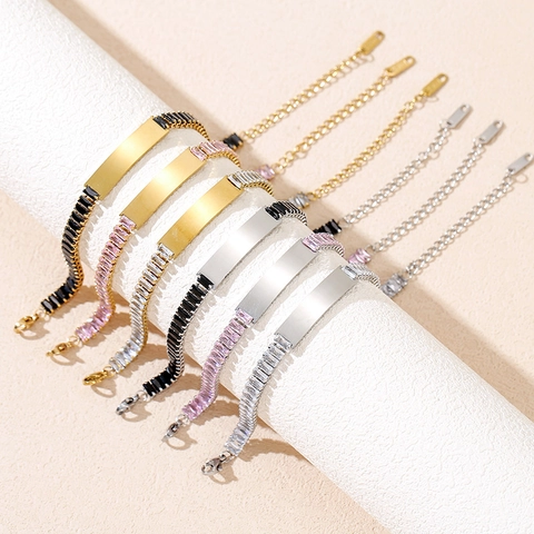 Stainless Steel Zirconia Bracelet With Blank Nameplate For Women Fashion Adjustable Jewelry Gift Gold Silver