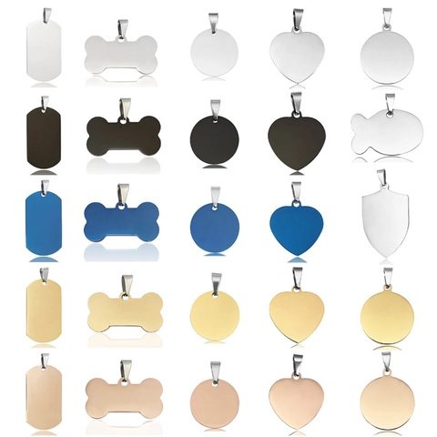 Stainless Steel Blank Pet ID Tags For Dogs Cats Bone Heart Round Shape Metal Pendants For Animal Identification Tags Jewelry Accessories