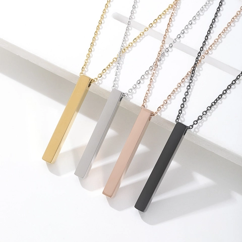 Minimalist Stainless Steel Square Column Pendant Necklace Geometric Long Strip Vertical Pillar Charm Fashion Jewelry For Men Women