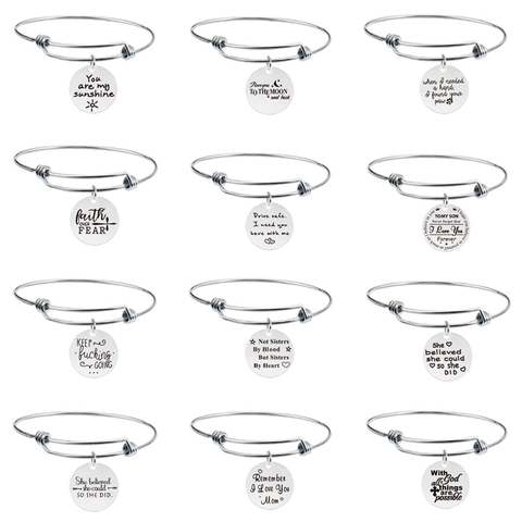 Stainless Steel Expandable Wire Bangle For Women Engraved Inspirational Quote Round Pendant Motivational Bracelet Gift