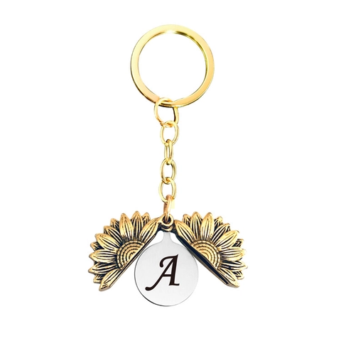 Llavero de Girasol de Acero Inoxidable Que Se Abre Con Colgante de Letra Inicial Metal Dorado Vintage Personalizado