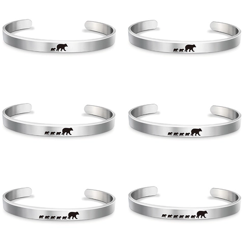 Stainless Steel Open Cuff Bracelet For Women Mama Bear Family Laser Engraved Silver Bangle Mother Day Gift Jewelry