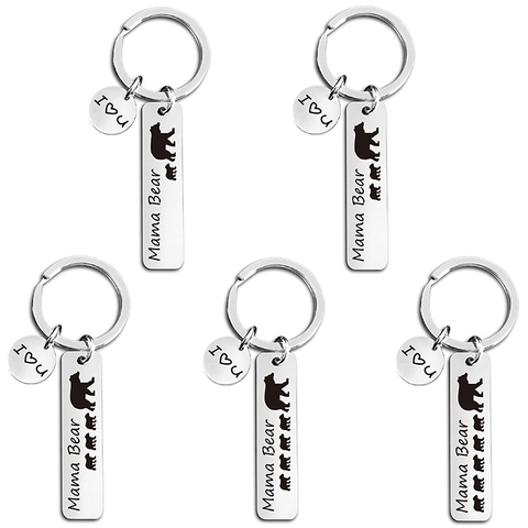 Stainless Steel Mama Bear Keychain Engraved Heart Round Pendant Family Mother's Day Gift For Women Silver Jewelry
