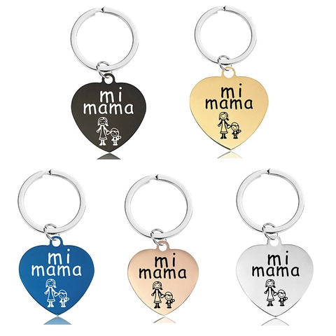 Heart Shaped Stainless Steel Keychain Laser Engraved Mi Mama Pattern Metal Key Ring For Mother Day Family Gift Women Jewelry