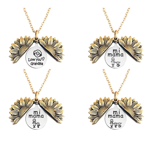 Sunflower Openable Locket Necklace Stainless Steel Alloy Engraved Love You Grandma Mi Mama Pendant Jewelry Mother's Day Gift