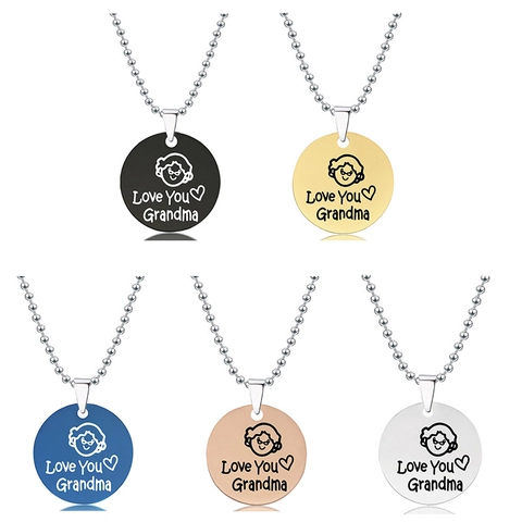 Stainless Steel Round Pendant Necklace Love You Grandma Mi Mama Lettering Heart Pattern Ball Chain For Women Mother's Day Gift