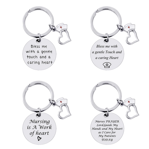 Stainless Steel Nurse Keychain Heart Stethoscope Hat Pendant Inspirational Engraved Jewelry Gift For Medical Professionals