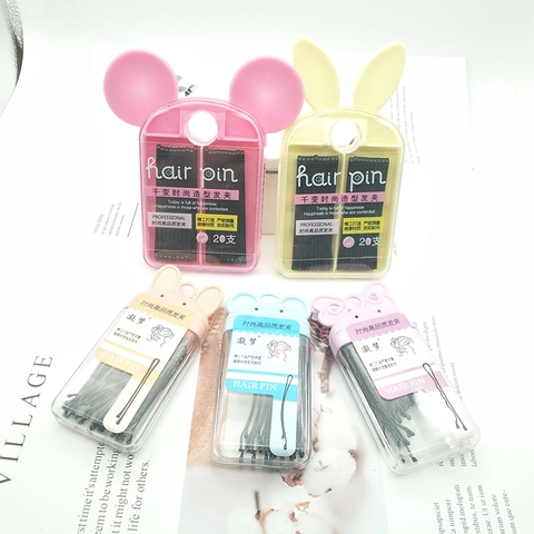 Girls Black Metal Bobby Pins And Cute Cartoon Ear Storage Case Lacquer Hairpin Hair Accessories For Kids Daily Hairstyling