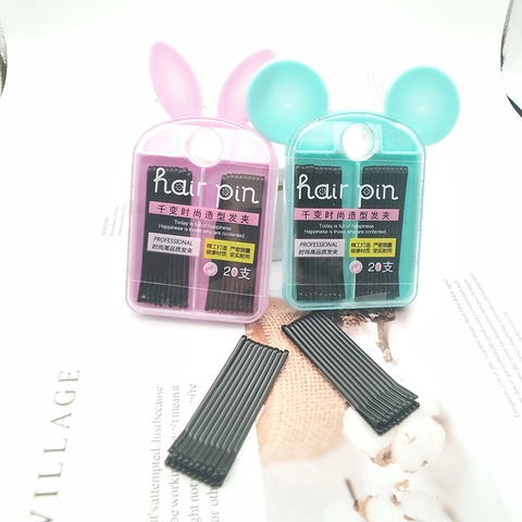 Girls Black Metal Bobby Pins And Cute Cartoon Ear Storage Case Lacquer Hairpin Hair Accessories For Kids Daily Hairstyling