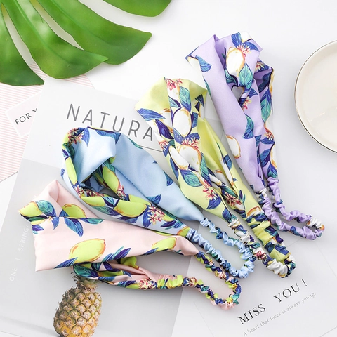 Cinta para el Pelo Ancha de Satén con Estampado de Limón para Mujer Patrón de Frutas Frescas Nudo de Lazo de Orejas de Conejo Elástica Verano