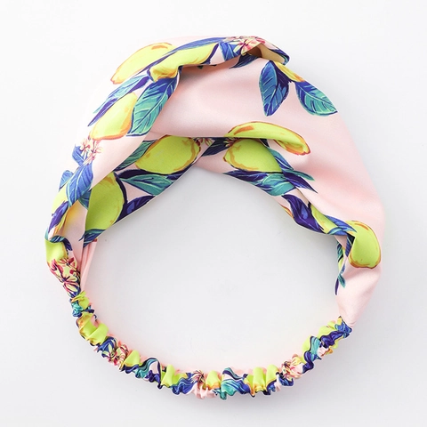 Cinta para el Pelo Ancha de Satén con Estampado de Limón para Mujer Patrón de Frutas Frescas Nudo de Lazo de Orejas de Conejo Elástica Verano