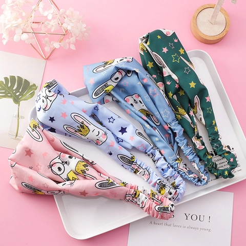 Schattige Cartoon Konijn Hond Print Gedraaide Hoofdband Zachte Satijnen Stof Elastische Haarband Voor Vrouwen Meisjes Gezicht Wassen Haaraccessoires