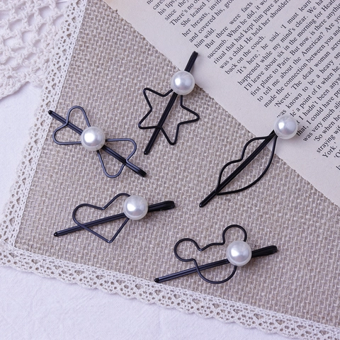 Pinza para el Cabello de Aleación con Perla Artificial Minimalista Coreana Forma de Corazón Estrella Dibujos Animados para Mujer