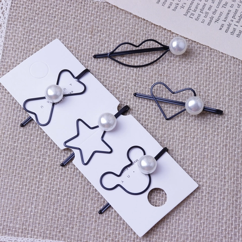 Pinza para el Cabello de Aleación con Perla Artificial Minimalista Coreana Forma de Corazón Estrella Dibujos Animados para Mujer