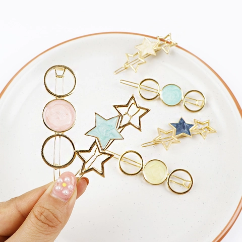 Pinzas de Pelo de Metal Estrellas y Círculos de Estilo Coreano Pasador de Aleación Geométrica Dorada Color Macarrón Pinzas de Flequillo Joyería Mujer