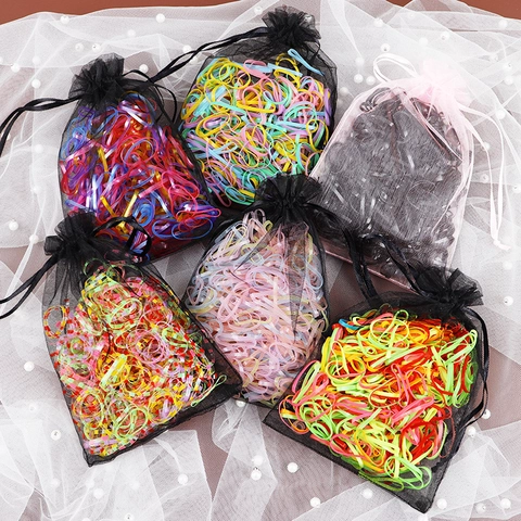 Children Disposable Elastic Hair Bands With Organza Drawstring Pouch Candy Color Rubber Ties For Kids Girls Hair Accessories