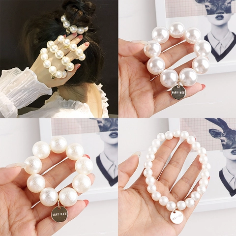 Anillo para el Cabello Estilo Coreano Minimalista Elegante con Perla Artificial y Etiqueta Metálica Coletero de Perlas Grandes para Mujer