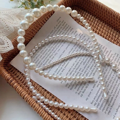 French Retro Artificial Pearl Headband Elegant White Beaded Hair Band Handmade Sweet Hair Accessories For Women Girls Party
